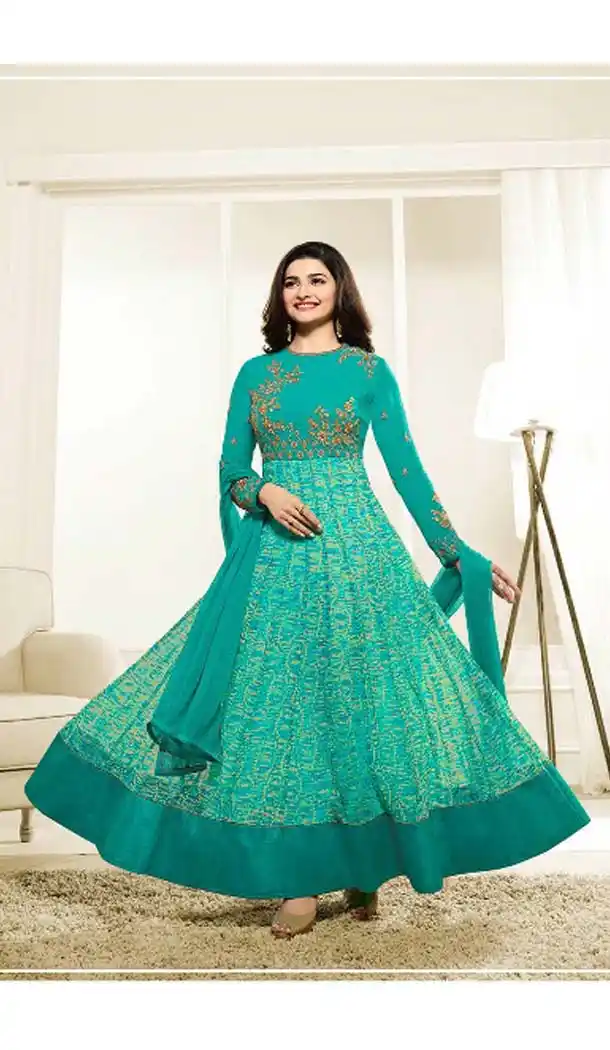 Georgette Fabric Turquoise Color Anarkali Salwar Kameez | FH586386315