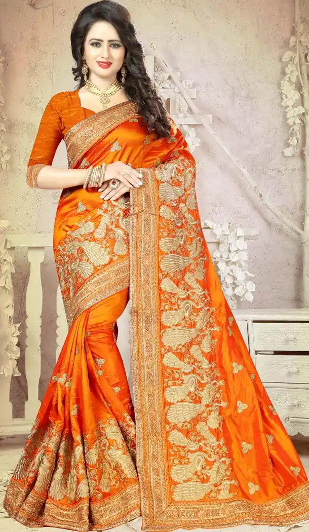 Orange Color Silk Embroidery Party Saree | FH586486344