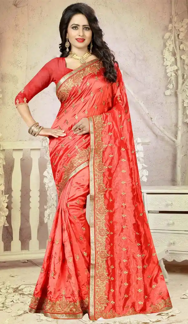 Tomato Color Art Silk Embroidery Party Saree | FH586486346