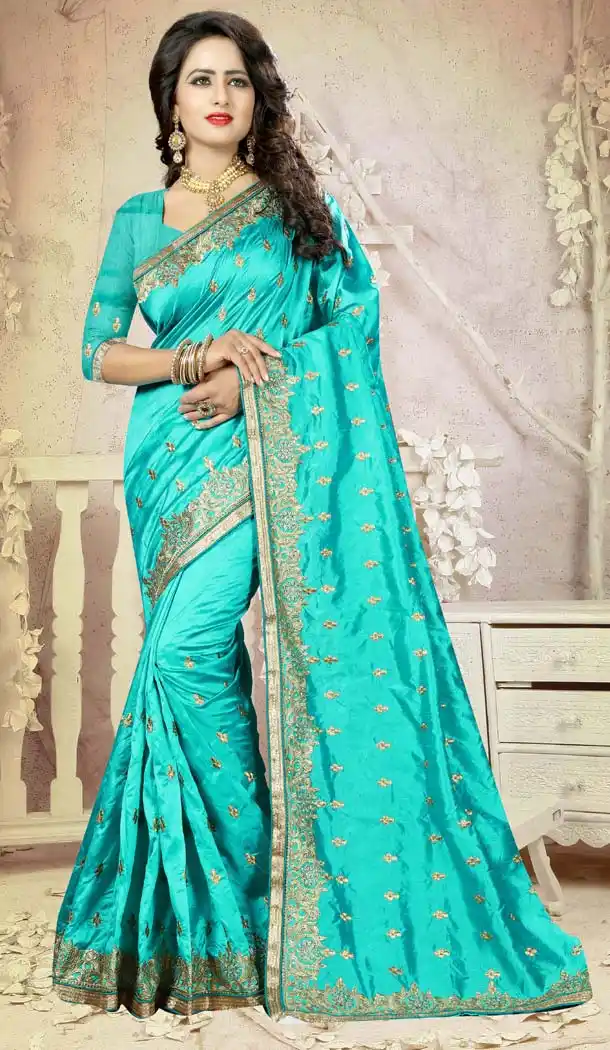 Turquoise Color Art Silk Embroidery Party Saree | FH586486347