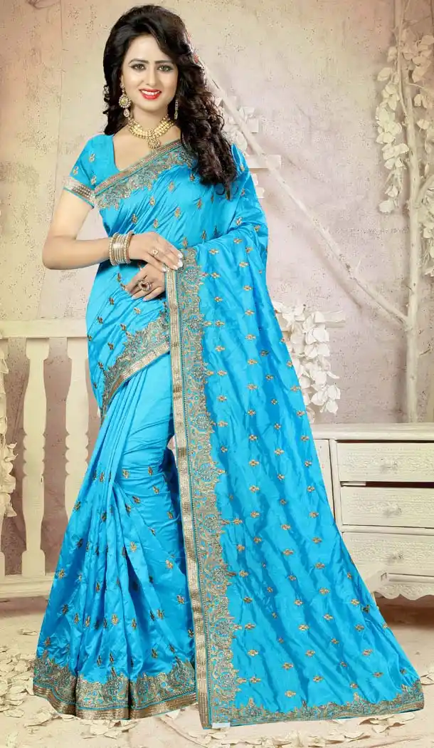 Sky Blue Color Art Silk Embroidery Party Saree | FH586486348