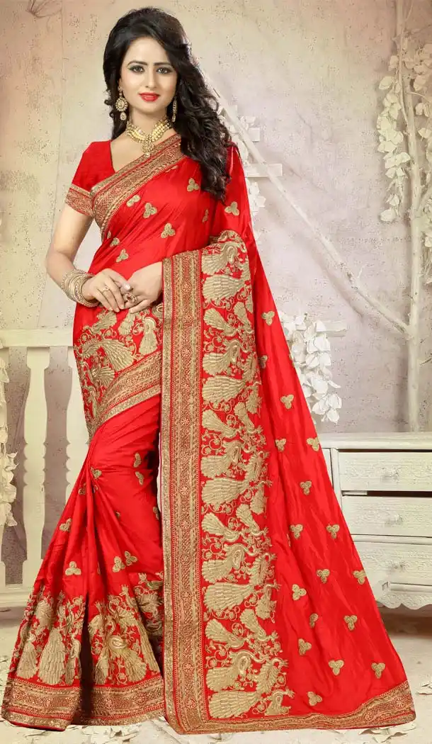 Red Color Art Silk Embroidery Party Saree | FH586486349