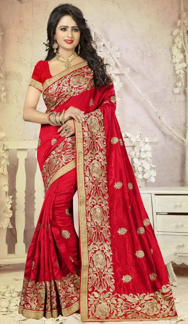 Crimson Color Art Silk Embroidery Party Saree | FH586486350