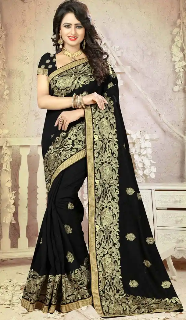 Black Color Art Silk Embroidery Party Saree | FH586486351