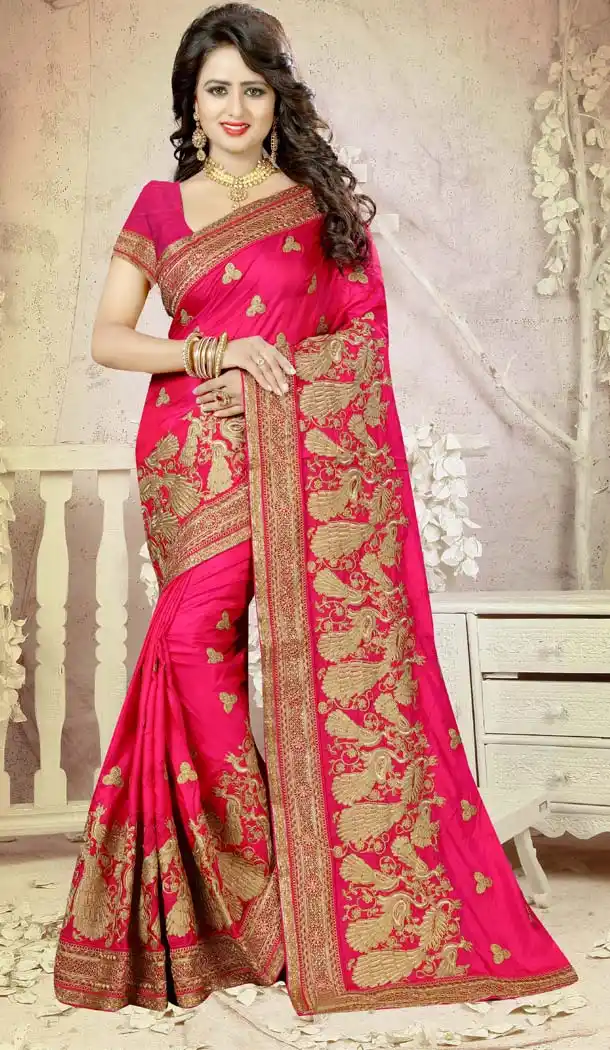 Deep Pink Color Silk Embroidery Party Saree | FH586486352