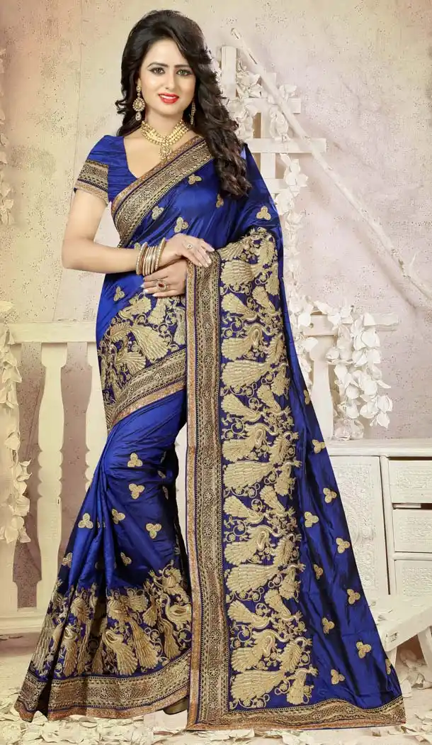 Blue Color Silk Embroidery Party Saree | FH586486354