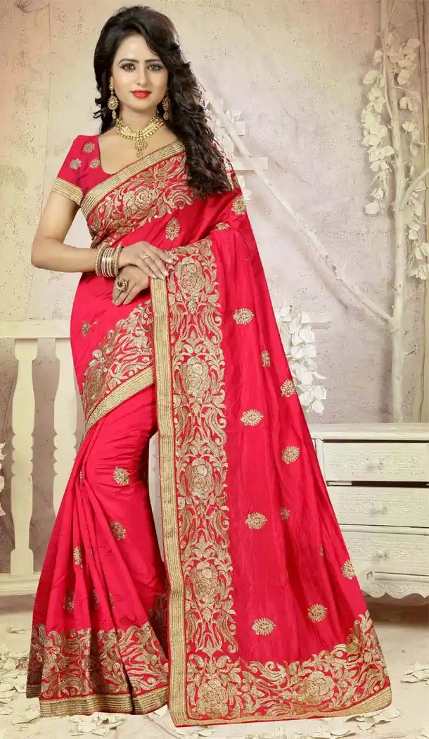 Deep Pink Color Silk Embroidery Party Saree | FH586486355