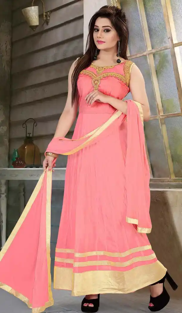 Salmon Color Net Long Anarkali Salwar Kameez | FH586686357