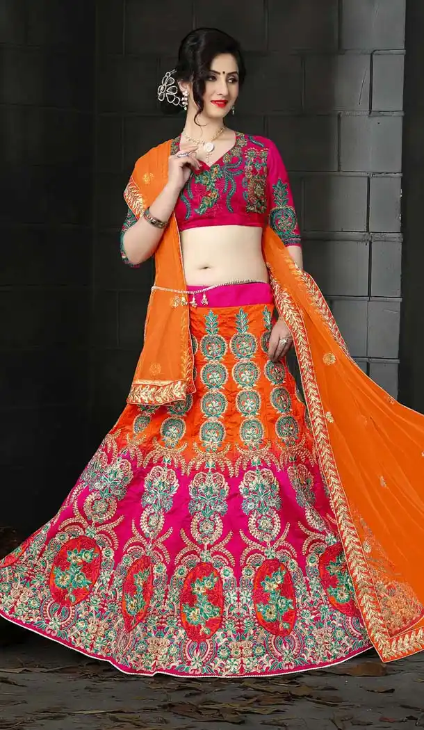 Orange Color Silk Embroidery A Line Designer Lehenga | FH586786360