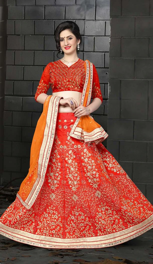 Red Color Silk Embroidery Circular Designer Lehenga | FH586786362