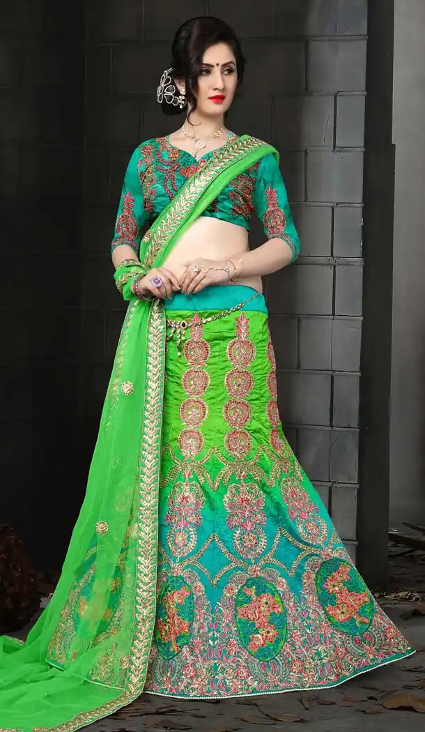 Green Color Silk Embroidery Circular Designer Lehenga | FH586786363