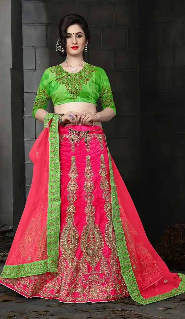 Deep Pink Color Silk Embroidery A Line Designer Lehenga | FH586786364