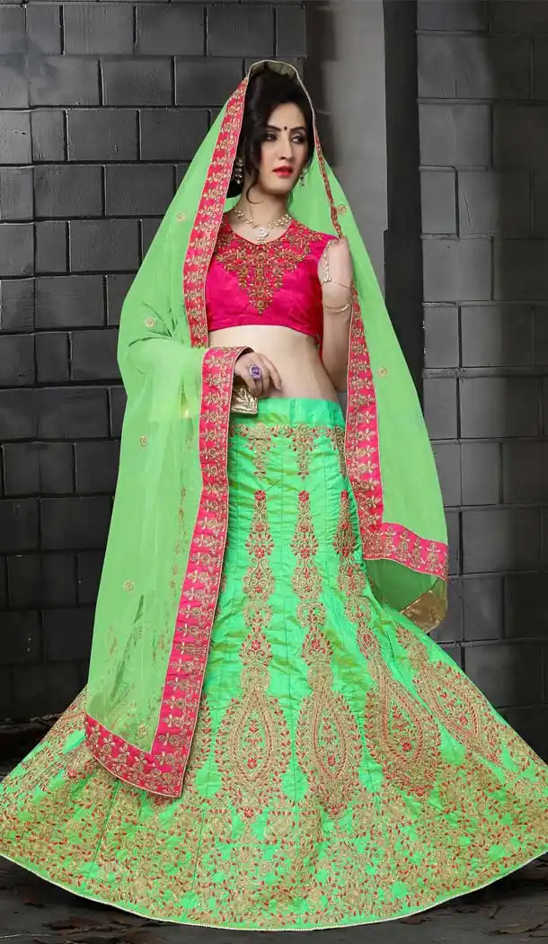 Mint Green Color Silk Embroidery A Line Designer Lehenga | FH586786365