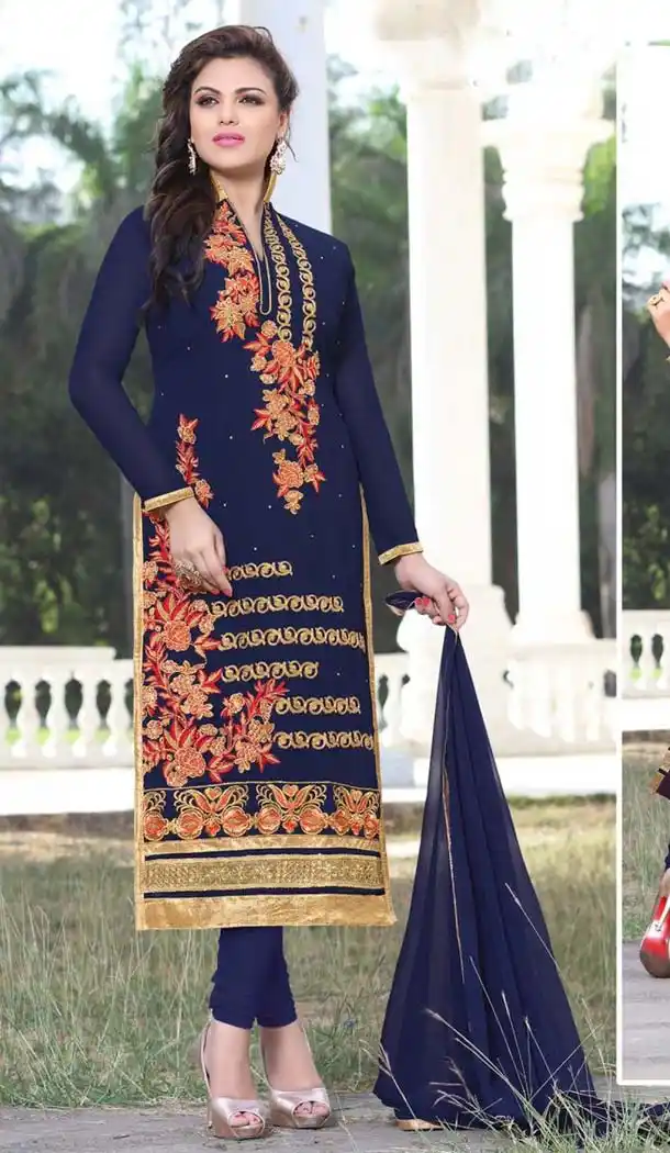 Navy Blue Color Georgette Straight Cut Salwar Kameez | FH587586468