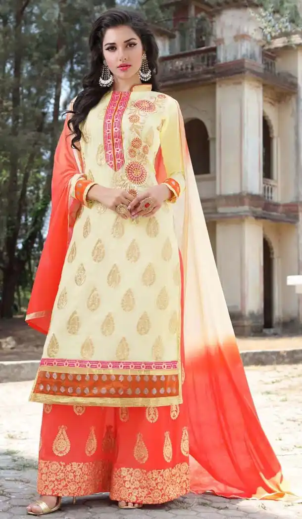 Cream Color Georgette Straight Cut Salwar Kameez | FH587586469