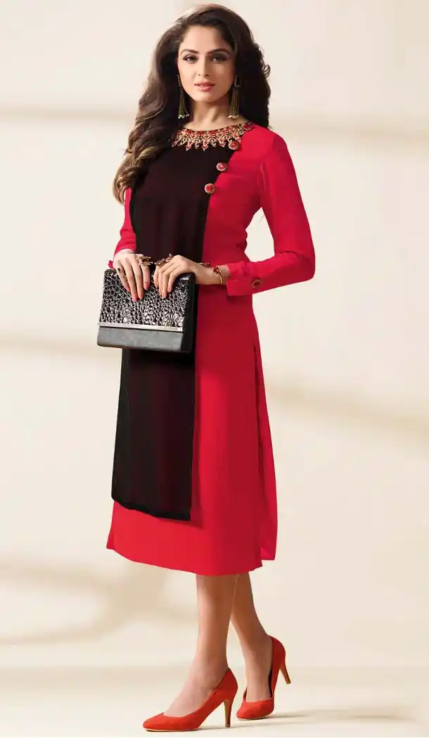 Crimson Color Georgette Embroidered Readymade Kurtis | FH587886504