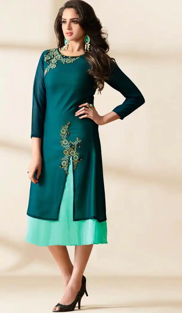 Emerald Color Georgette Embroidered Readymade Kurtis | FH587886505