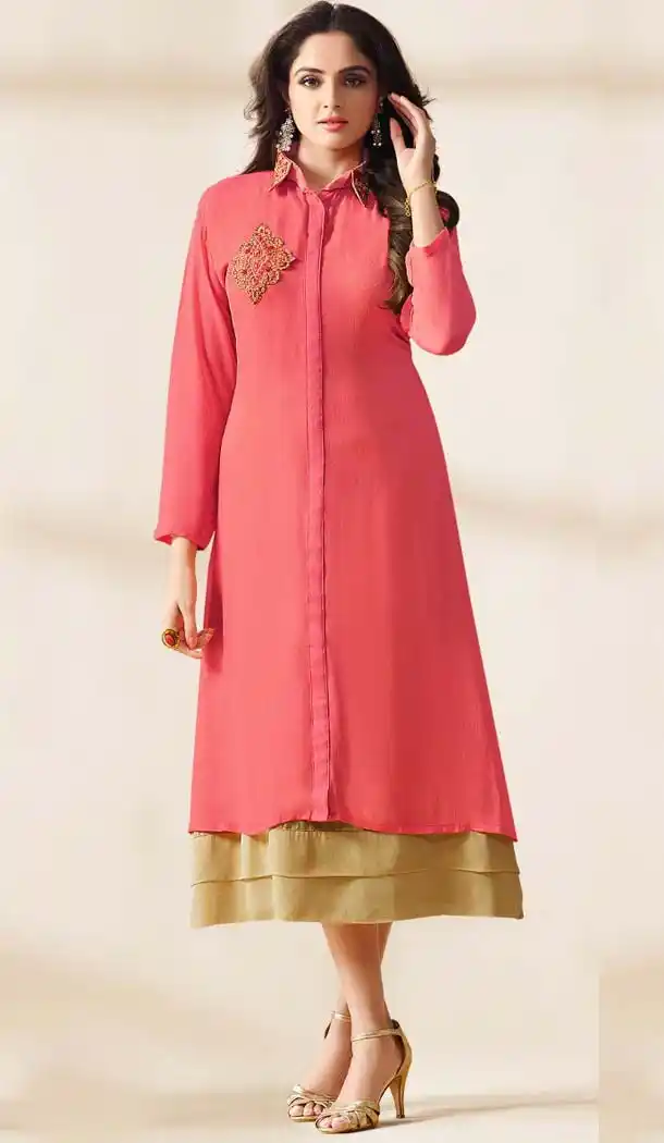 Pink Color Georgette Embroidered Readymade Kurtis | FH587886506