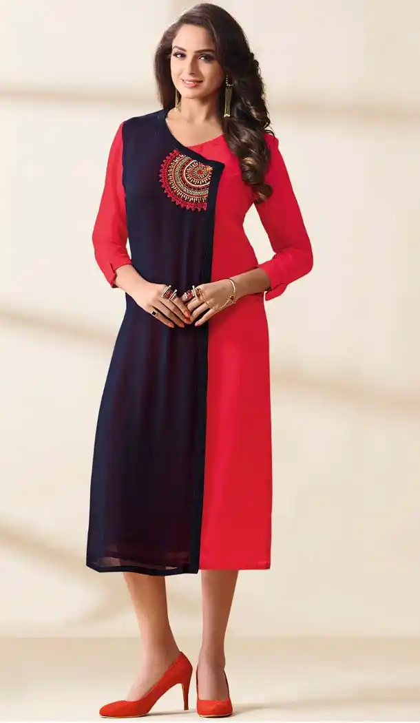 Navy Blue Color Georgette Embroidered Readymade Kurtis | FH587886507
