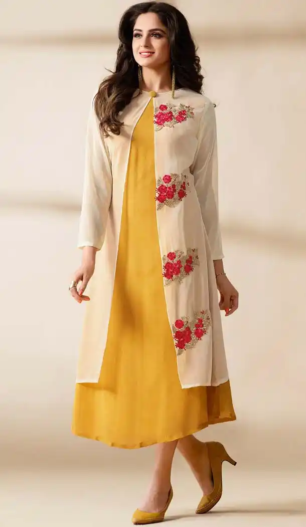Yellow Color Georgette Embroidered Readymade Kurtis | FH587886509