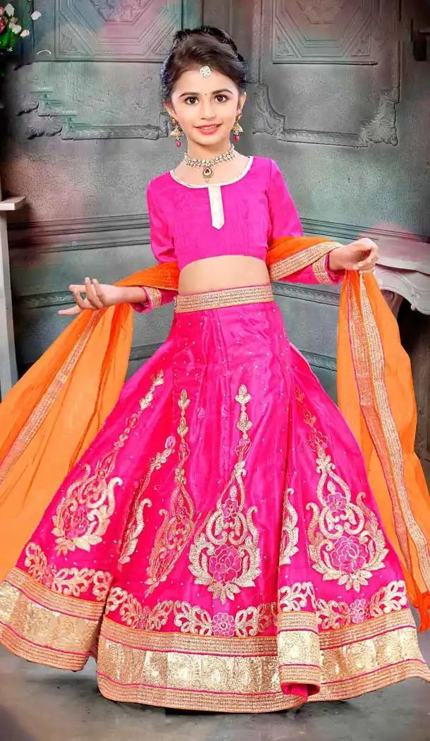 Deep Pink Color Net Embroidery Circular Girl Lehenga Choli | FH588286546