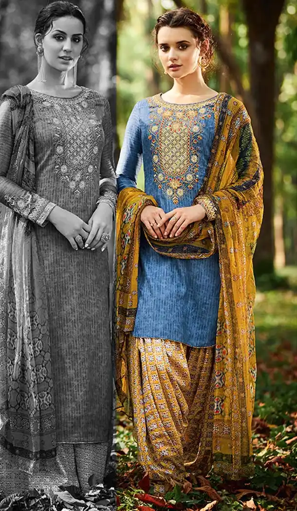 Azure Blue Color Cotton Embroidery Punjabi Patiyala Suit | FH588586577