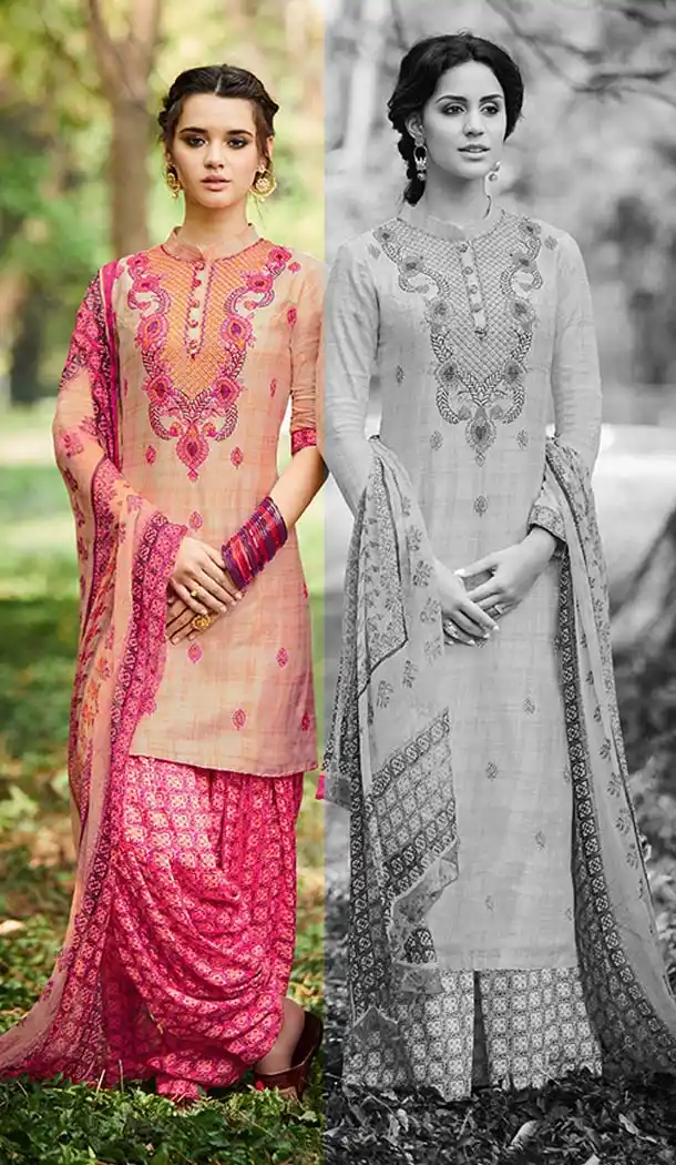 Peach Puff Color Cotton Embroidery Punjabi Patiyala Suit | FH588586578