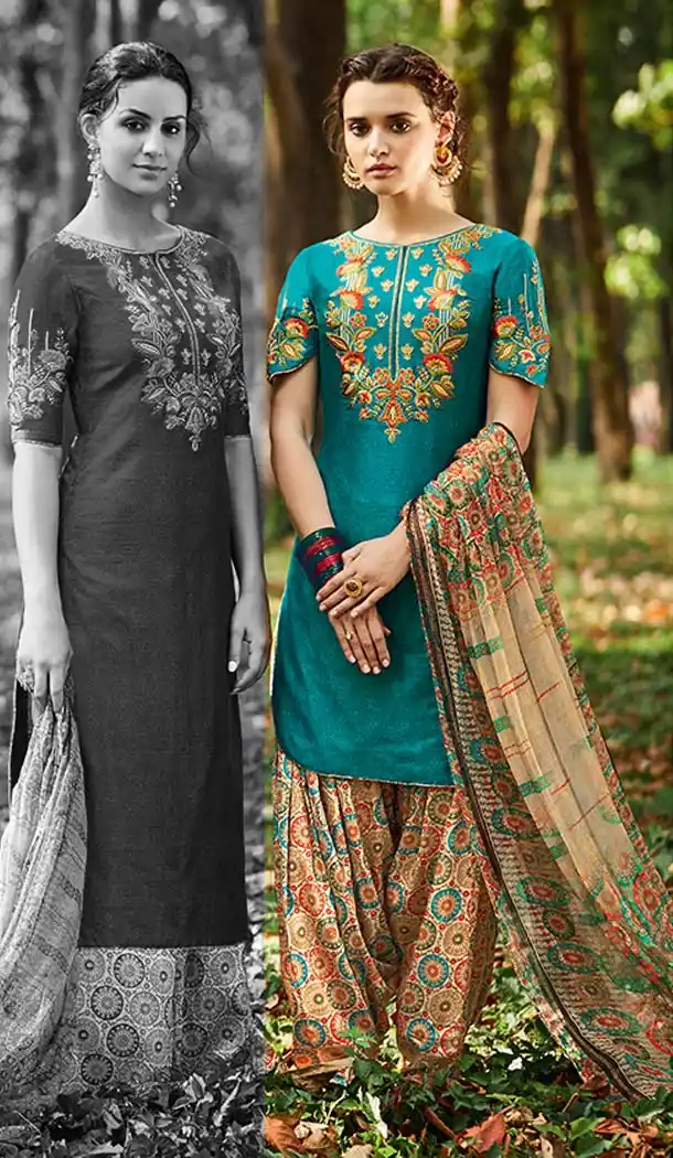Turquoise Color Cotton Embroidery Punjabi Patiyala Suit | FH588586579
