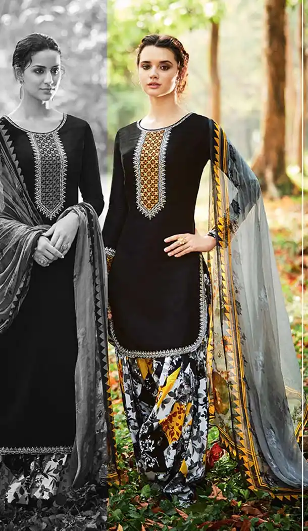 Black Color Cotton Embroidery Punjabi Patiyala Suit | FH588586582
