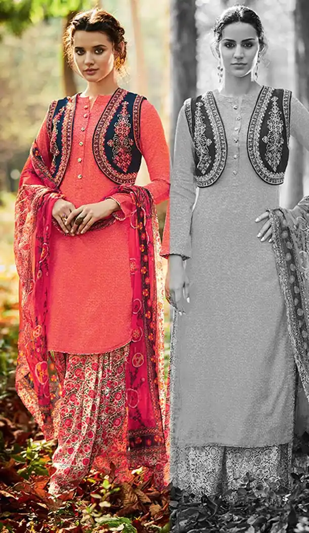 Salmon Color Cotton Embroidery Punjabi Patiyala Suit | FH588586583