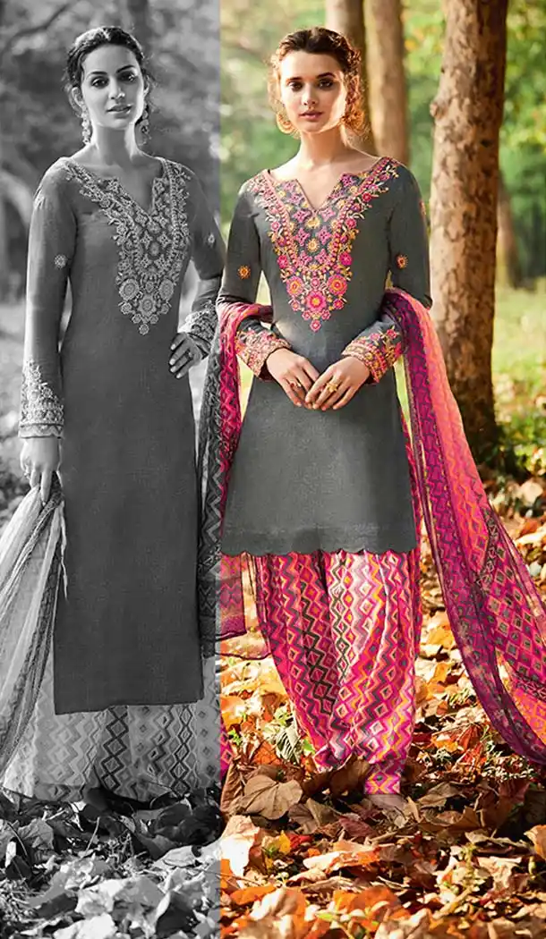 Slate Grey Color Cotton Embroidery Punjabi Patiyala Suit | FH588586586