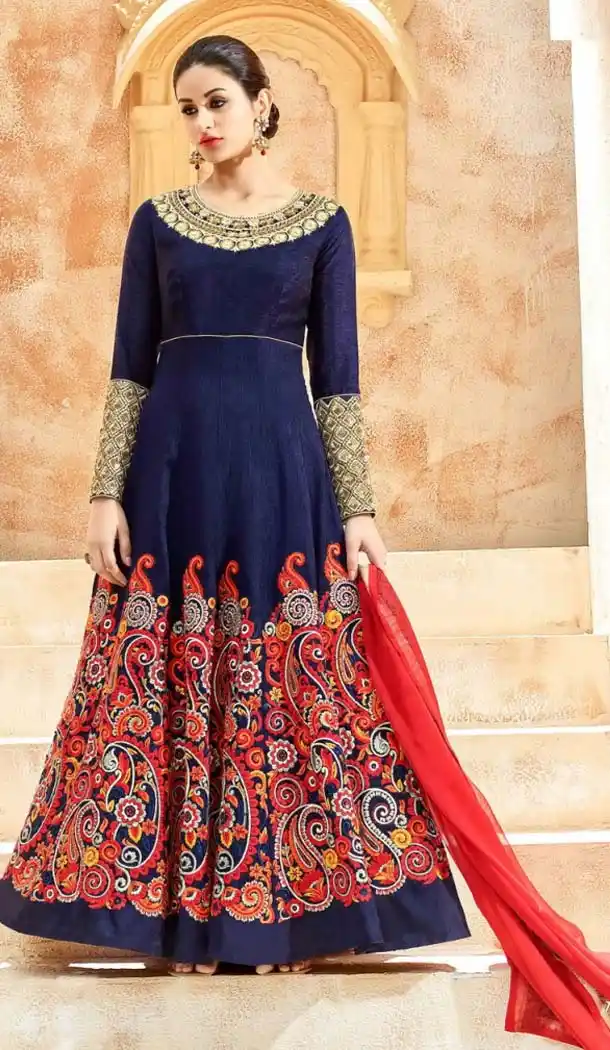 Blue Color Pure Silk A Line Style Anarkali Salwar Kameez | FH588786601