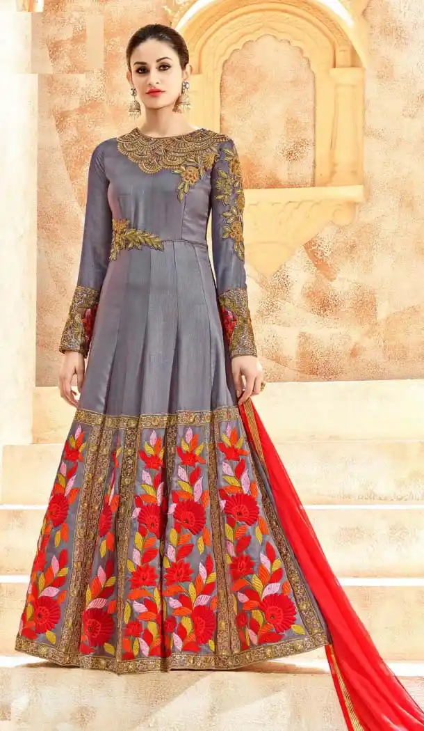 Slate Grey Color Art Silk A Line Style Anarkali Salwar Kameez | FH588786603