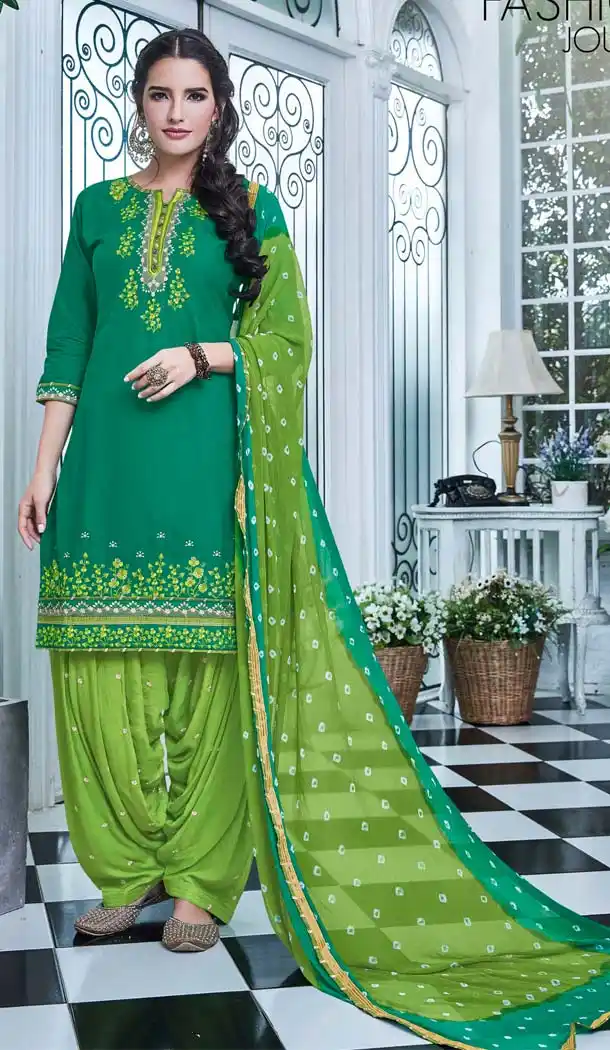 Green Color Cotton Embroidery Casual Panjabi Suit | FH592386982