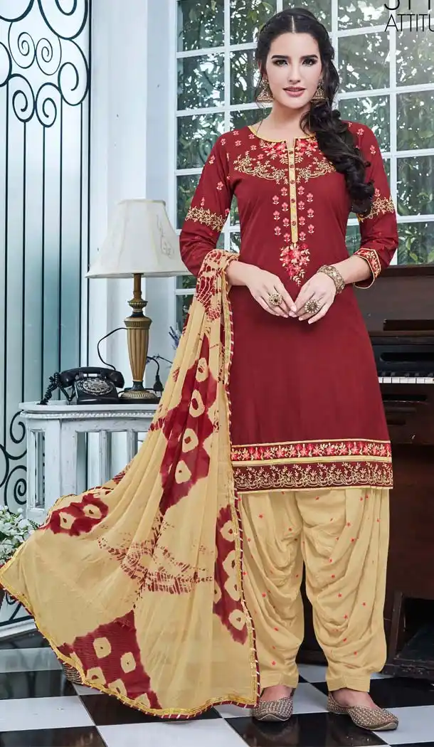 Maroon Color Cotton Embroidery Casual Panjabi Suit | FH592386983
