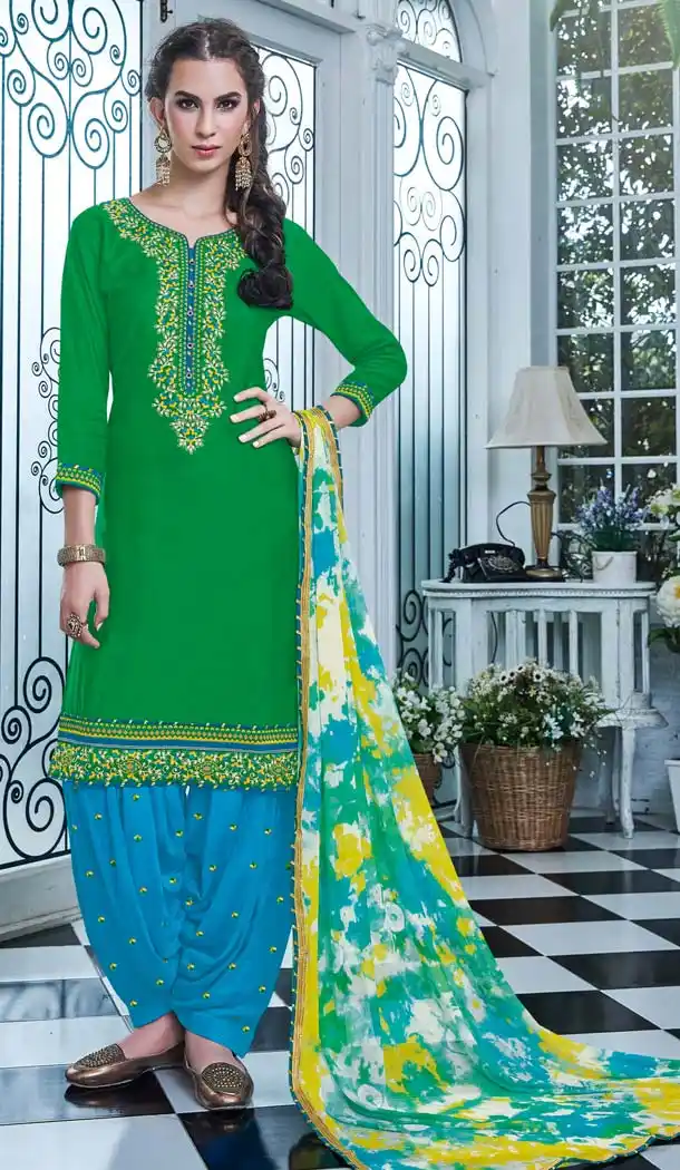 Green Color Cotton Embroidery Casual Panjabi Suit | FH592386985