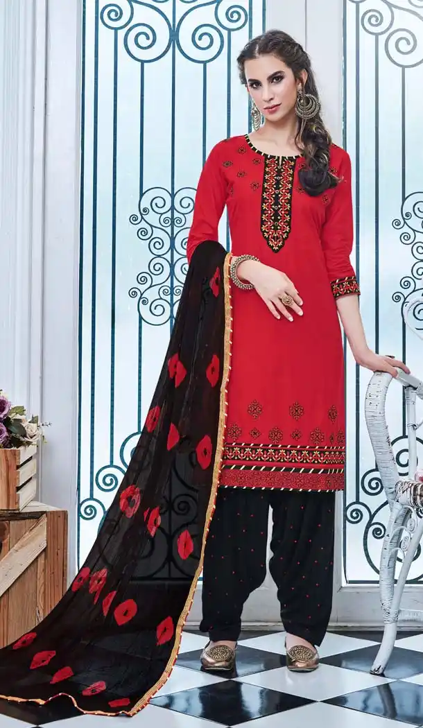 Crimson Color Cotton Embroidery Casual Panjabi Suit | FH592386988