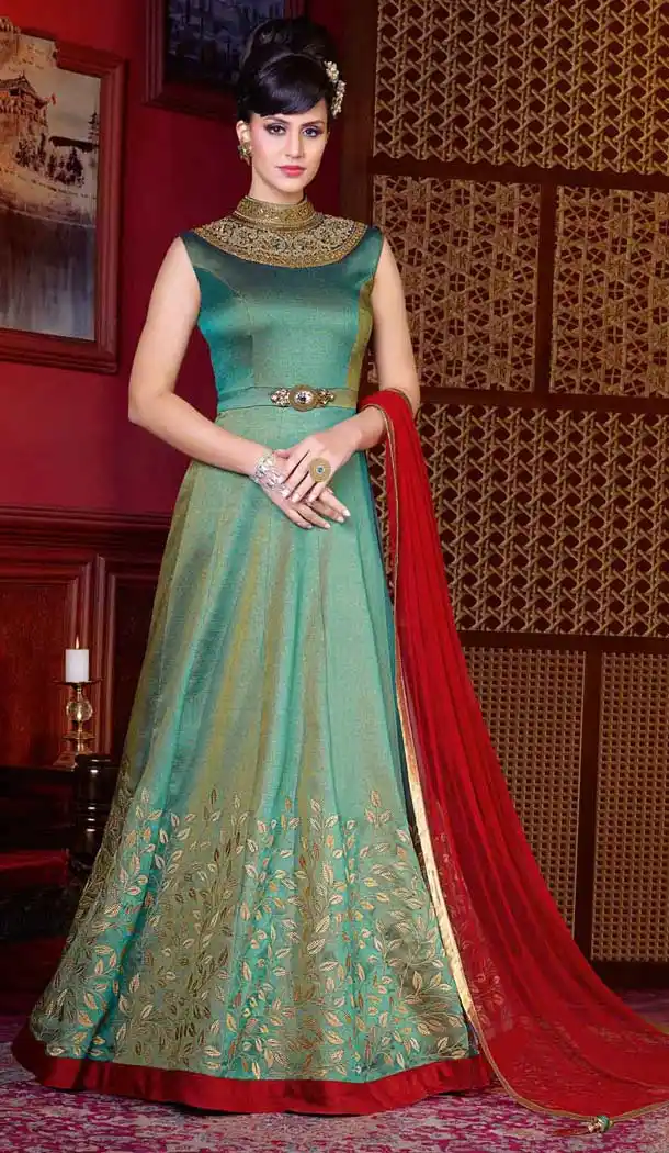 Greenish Blue Color Art Silk A Line Style Designer Churidar Kameez | FH595587368