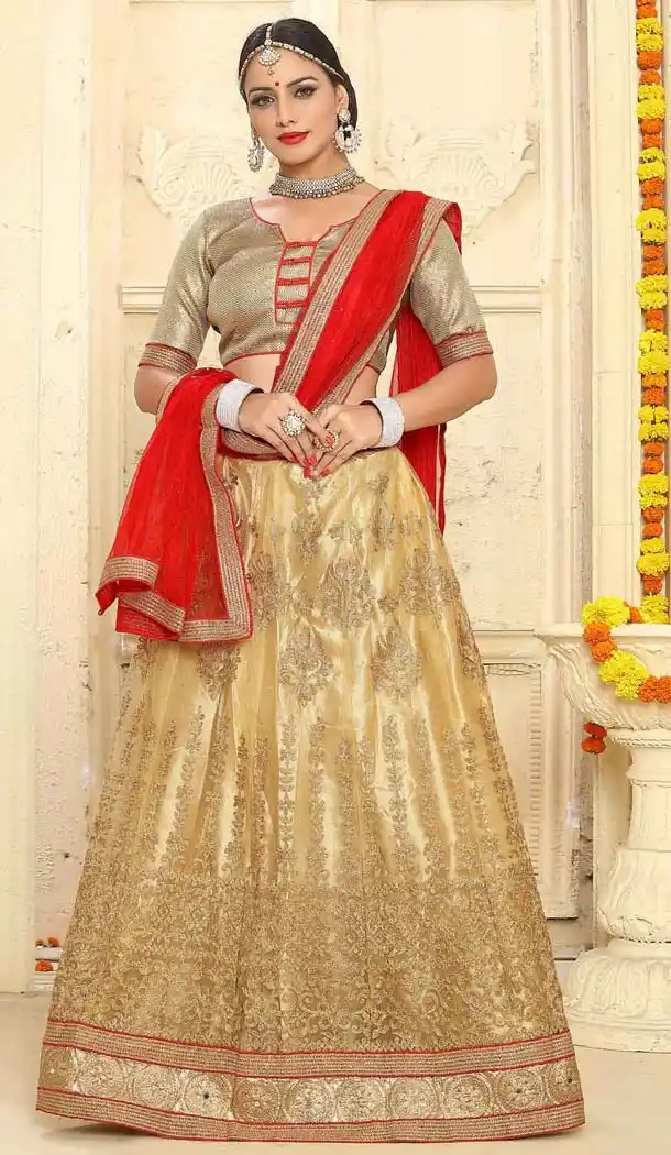 Beige Color Net Embroidery Circular Style Lehenga Choli | FH596687459