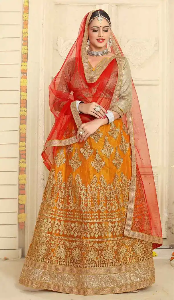 Orange Color Net Embroidery A Line Style Lehenga Choli | FH596687465