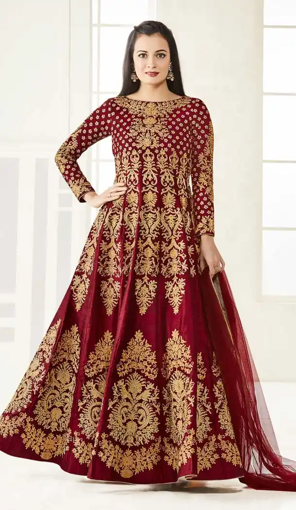 Bollywood Celebrity Diya Mirza A Line Churidar in Maroon | FH597487521