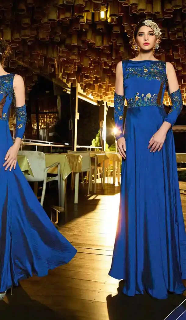 Blue Color Silk Embroidery Party Wear Readymade Gowns | FH599087685