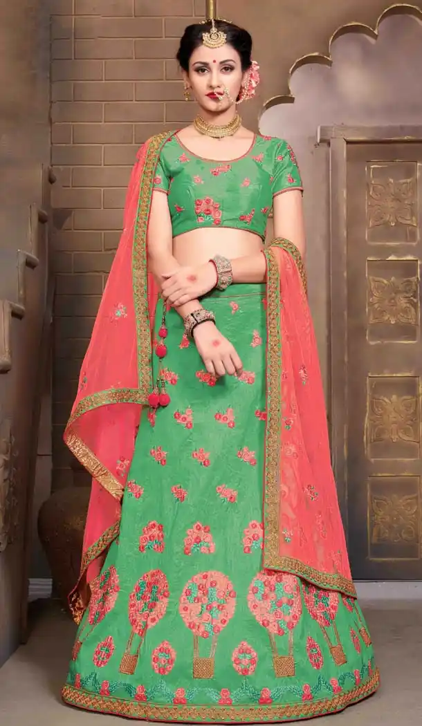 Green Color Silk Crystals Stone Work A Line Lehenga Choli | FH599487749
