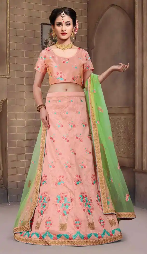 Salmon Color Silk Crystals Stone Work A Line Lehenga Choli | FH599487750