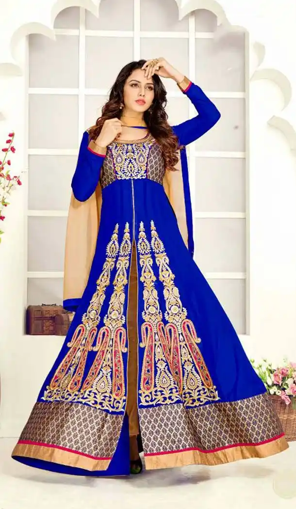 Georgette Blue Color Embroidery Achkan Salwar Kameez | FH599687775