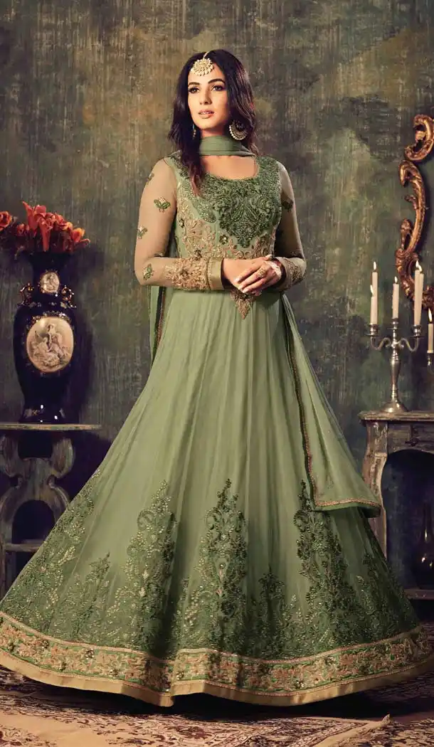 Aloe Vera Green Color Net Anarkali Style Designer Salwar Kameez | FH599787815