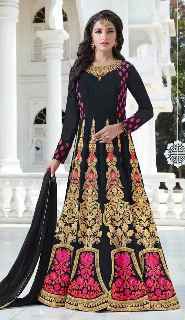 Georgette Embroidery Work Black Color A Line Style Churidar Kameez | FH601287906