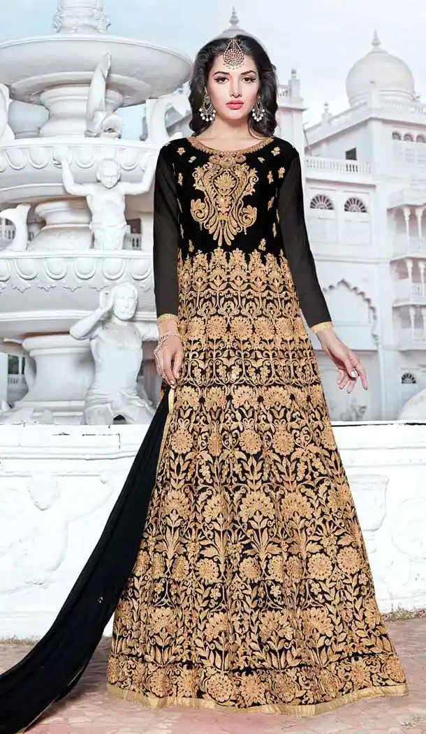 Georgette Embroidery Work Black Color A Line Style Churidar Kameez | FH601287909