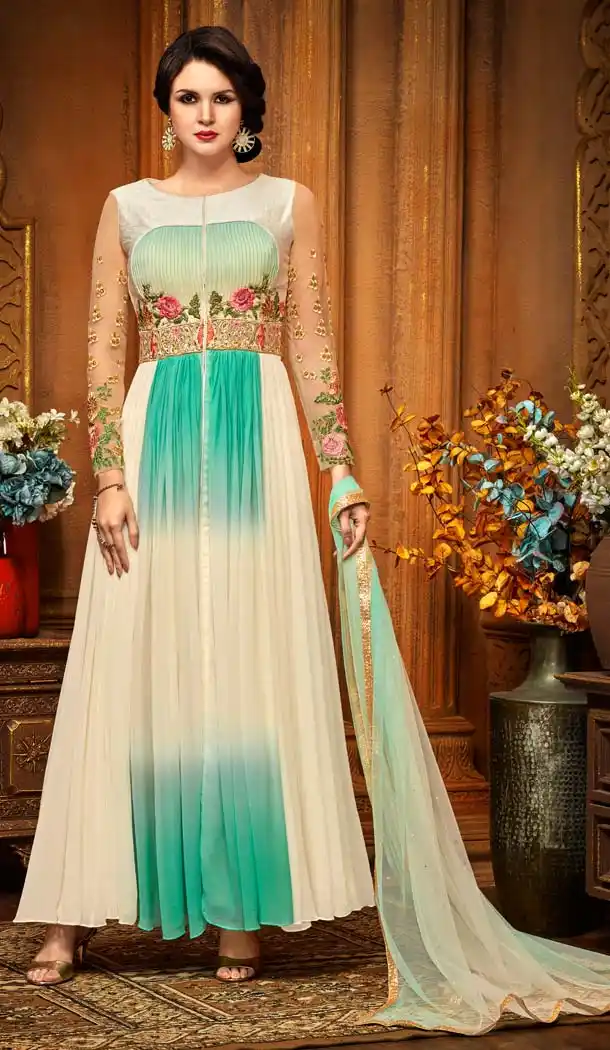 Cream Color Georgette Knee Length Partywear Salwar Kameez | FH601587925