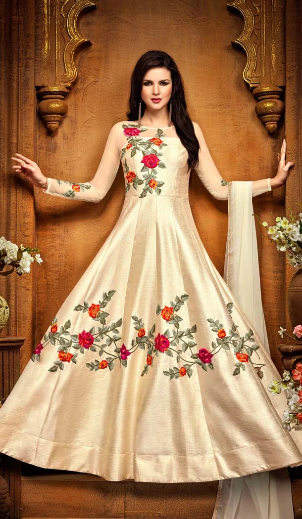 Cream Color Silk Knee Length Partywear Salwar Kameez | FH601587928